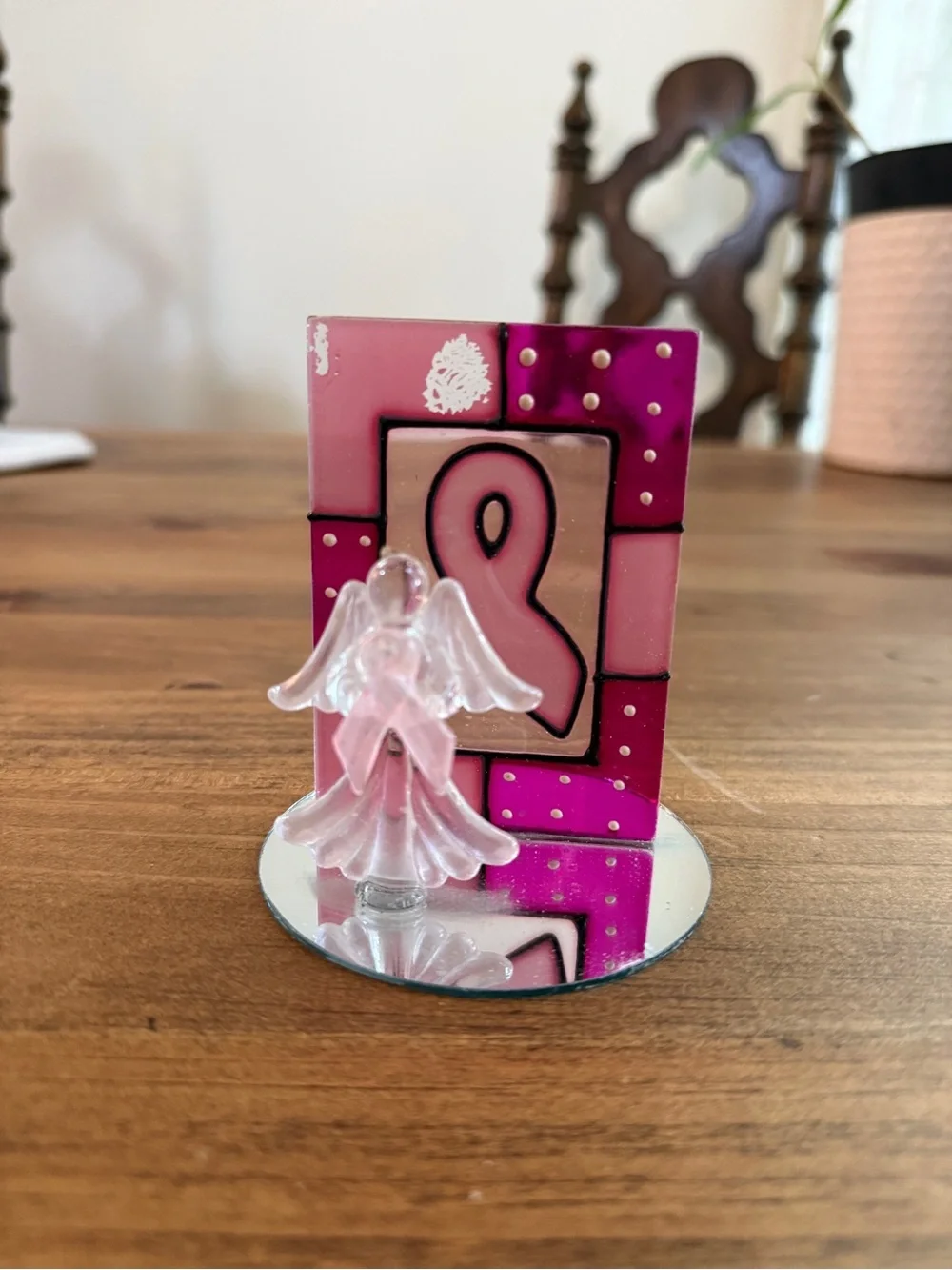 Pink Stained Glass Ribbon Frame with Pink Glass Angel Breast Cancer